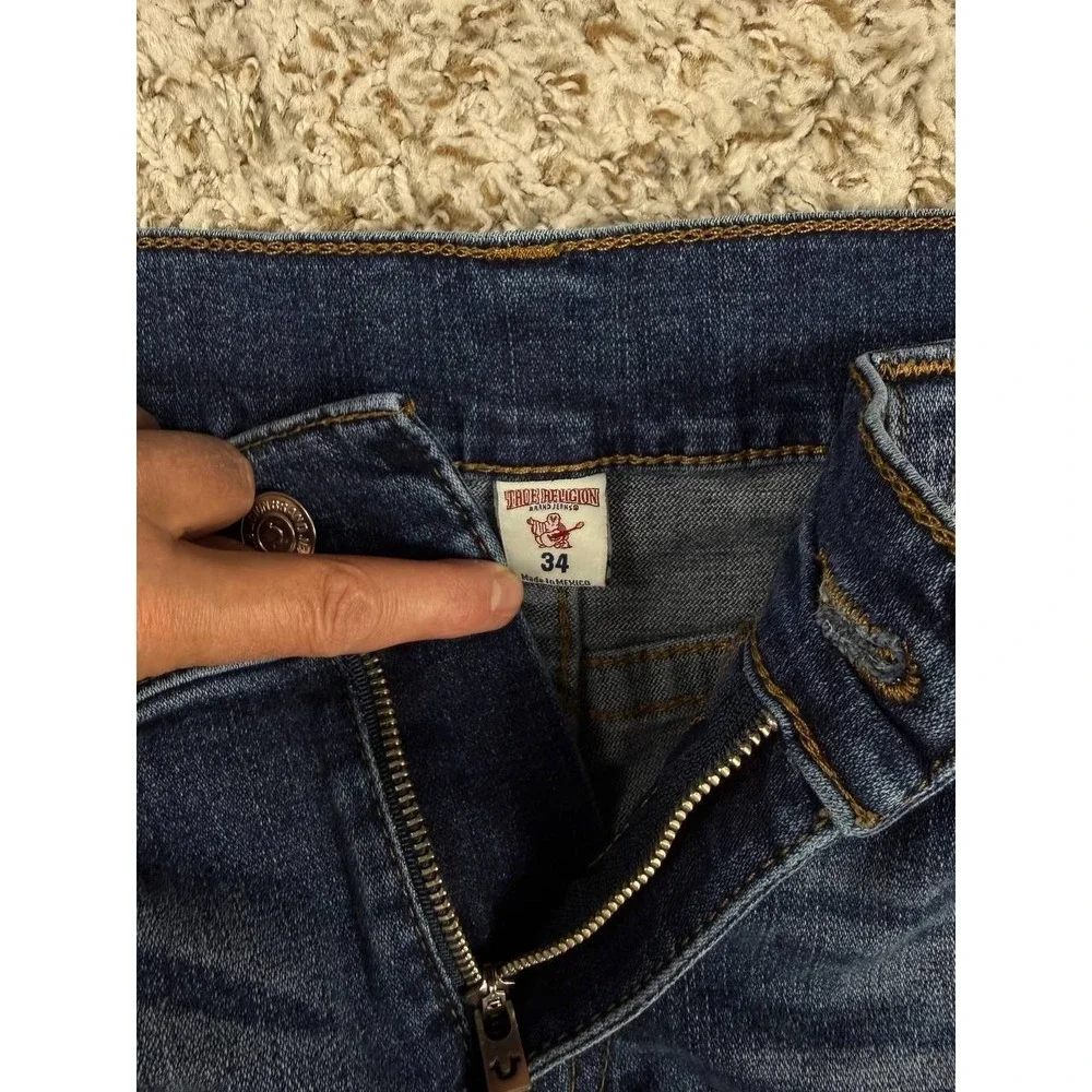 True Religion Jeans Men's 34 Straight Flap Brown Gold Stitching Blue Denim